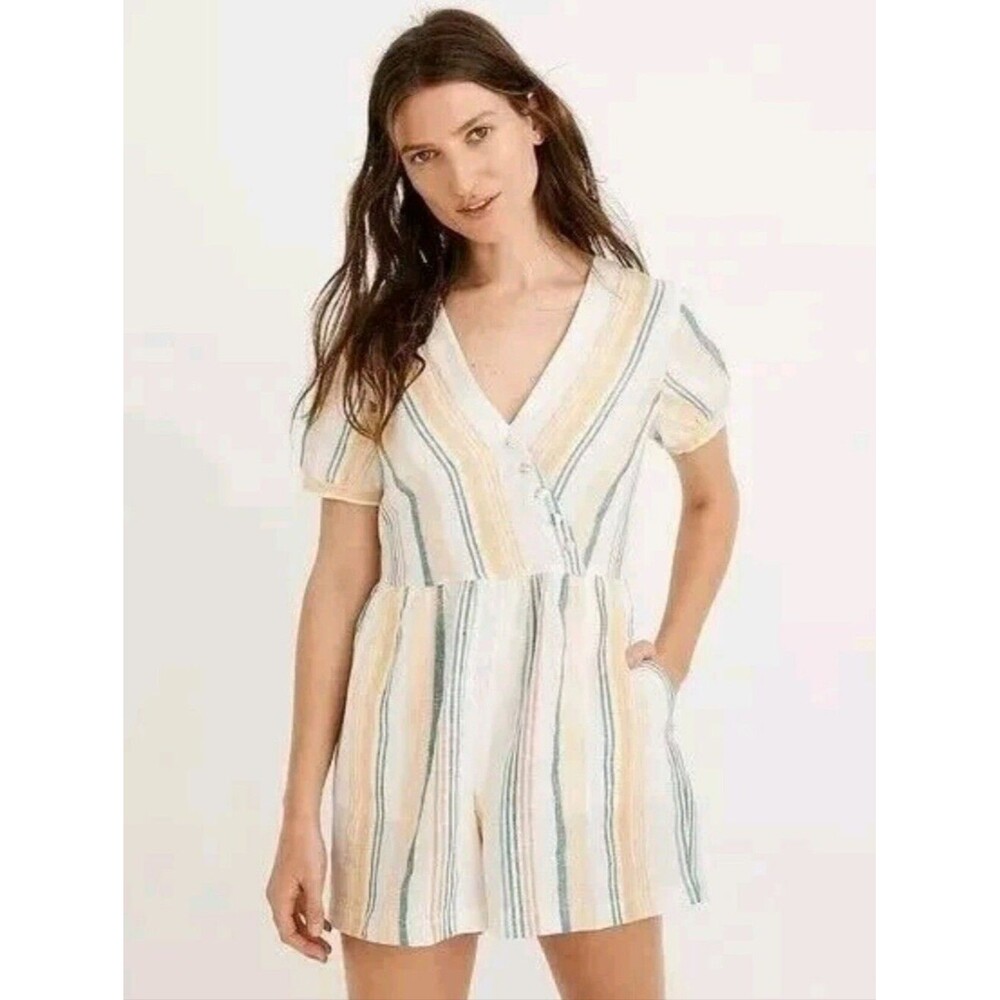 Madewell Striped 100% Linen Wrap Romper White Pastel Stripes Size 2